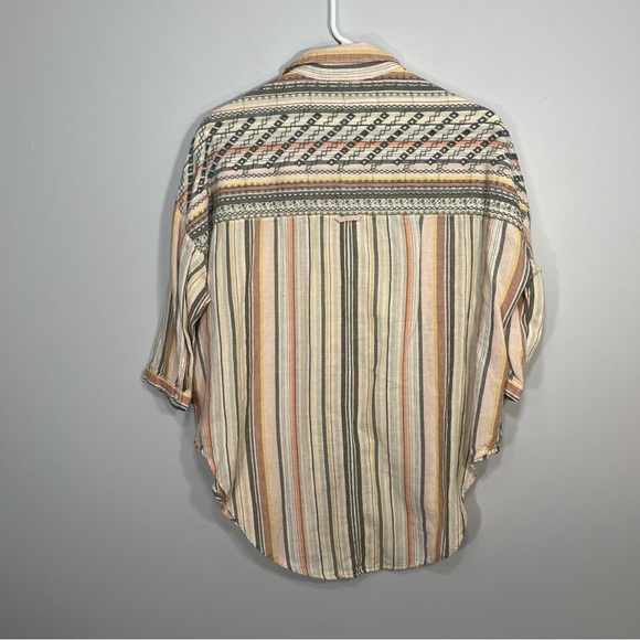 Anthropologie Shirt Womens XS/S Yellow Gray Stripes Button Up Tunic Embroidered - Picture 2 of 8